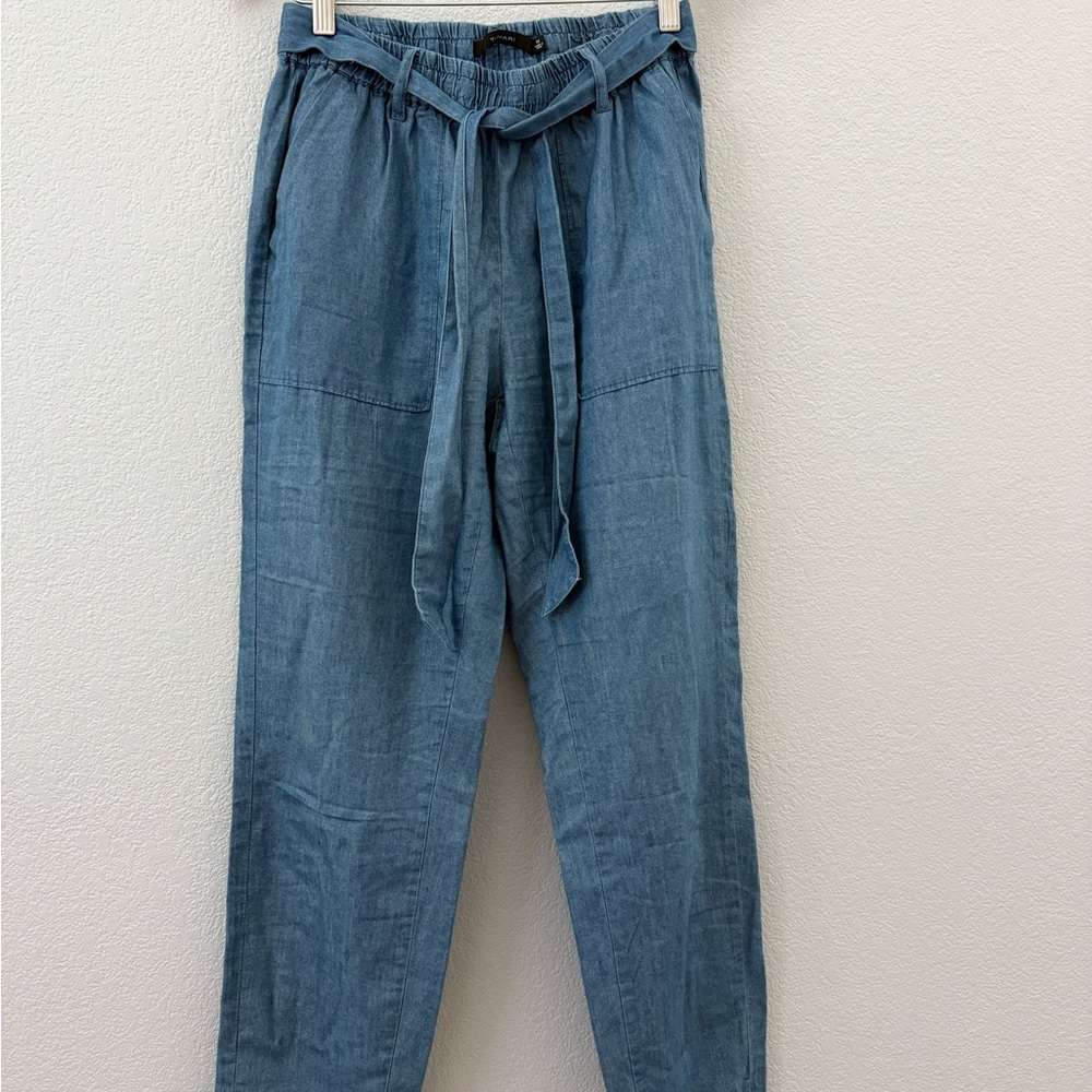 Tahari Blue Belted Chambray Tapered Leg Blue Tencel Cotton Joggers Pants! Size M
